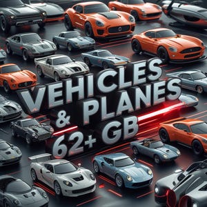 Może przedstawiać: Kolekcja różnych zabawek samochodów i samolotów w odcieniach pomarańczowego, szarego i niebieskiego. Obraz zawiera tekst "VEHICLES & PLANES 62+ GB" w stylu 3D z czerwonym podświetleniem.