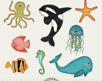 Digital Clip art Pack - "Under The Sea" Instant Download with fish, whale, jellyfish, seahorse, starfish, and octopus