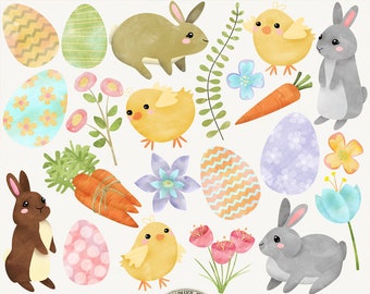 Digital Clip art Pack Instant Download - "Bunnies and Chicks" - Watercolor feel rabbits,eggs and more for scrapbooks, Easter, spring,collage