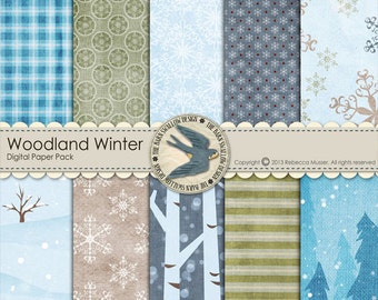 Digital Scrapbook Paper Pack Instant Download - Woodland Winter -10 12"x12" Papers for Winter, Sledding, Skiing Scrapbooks, Cards