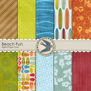 Digital Scrapbook Paper Pack Instant Download - Beach Fun - 10 digital papers 12&quot; x 12&quot; for summer, beach, ocean, sea