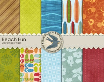 Digital Scrapbook Paper Pack Instant Download - Beach Fun - 10 digital papers 12" x 12" for summer, beach, ocean, sea