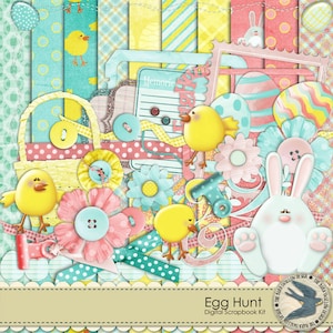 Digital Scrapbook Kit Instant Download - Egg Hunt - 10 digital 12&quot; x 12&quot; papers and 35 digital elements for Easter, Spring