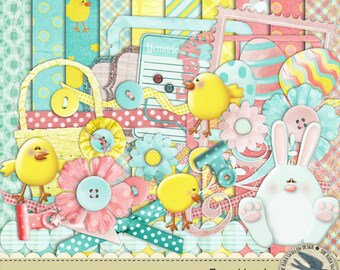 May include: A digital scrapbook kit with an Easter theme. The kit includes images of a basket, chicks, a bunny, eggs, flowers, ribbons, and patterned paper. The text "Egg Hunt" is featured on the kit.