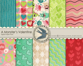 Digital Scrapbook Paper Pack Instant Download - A Monster's Valentine -10 12"x12" Papers for Valentine's Day, Boy or Girl, Cards, Scrapbooks