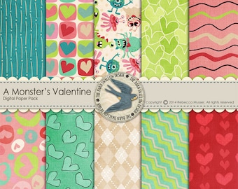Digital Scrapbook Paper Pack Instant Download - A Monster's Valentine -10 12"x12" Papers for Valentine's Day, Boy or Girl, Cards, Scrapbooks