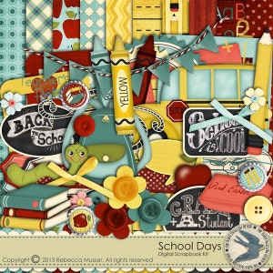 May include: A digital scrapbook kit with a school theme. The kit includes images of a school bus, a backpack, crayons, apples, and other school-related items. The text "School Days" is featured in the image.