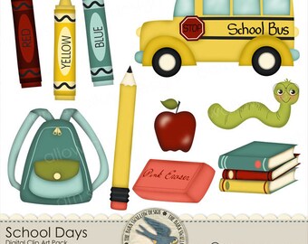 Digital Clip art Pack Instant Download - "School Days" - Great for back to school, kindergarten, grade 1-6,  for scrapbooks, cards, invites