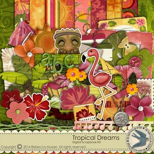Digital Scrapbook Kit Instant Download - Tropical Dreams -10 digi 12x12 paper, 44 digi elements, digi Alpha for Hawaiian,Tropical scrapbooks