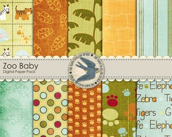 Digital Scrapbook Paper Pack,  Zoo Baby - 10 12" x 12" papers, Instant Download
