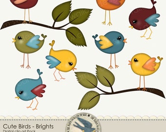 Digital Clip art Pack Instant Download - "Cute Birds" - in bright colors, for scrapbooks, cards, invitations