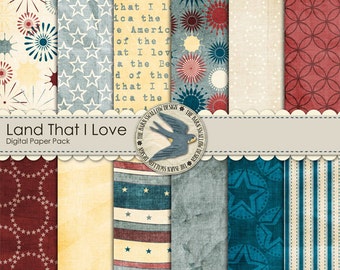 Digital Scrapbook Paper Pack Instant Download - Land That I Love -12 12" x 12" Papers in Red White And Blue for Independence Day, Military