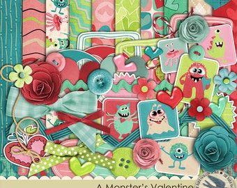 Digital Scrapbook Kit Instant Download - A Monster's Valentine - 10 digi 12"x12" paper, 45 digi elements, for Valentine's scrapbooks, cards