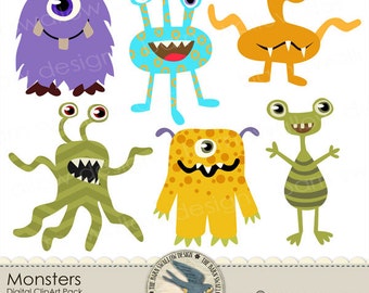 Digital Clip art Pack Instant Download - "Monsters" - Great for Boy, kids, Halloween or scary scrapbooks, crafts, cards, invites