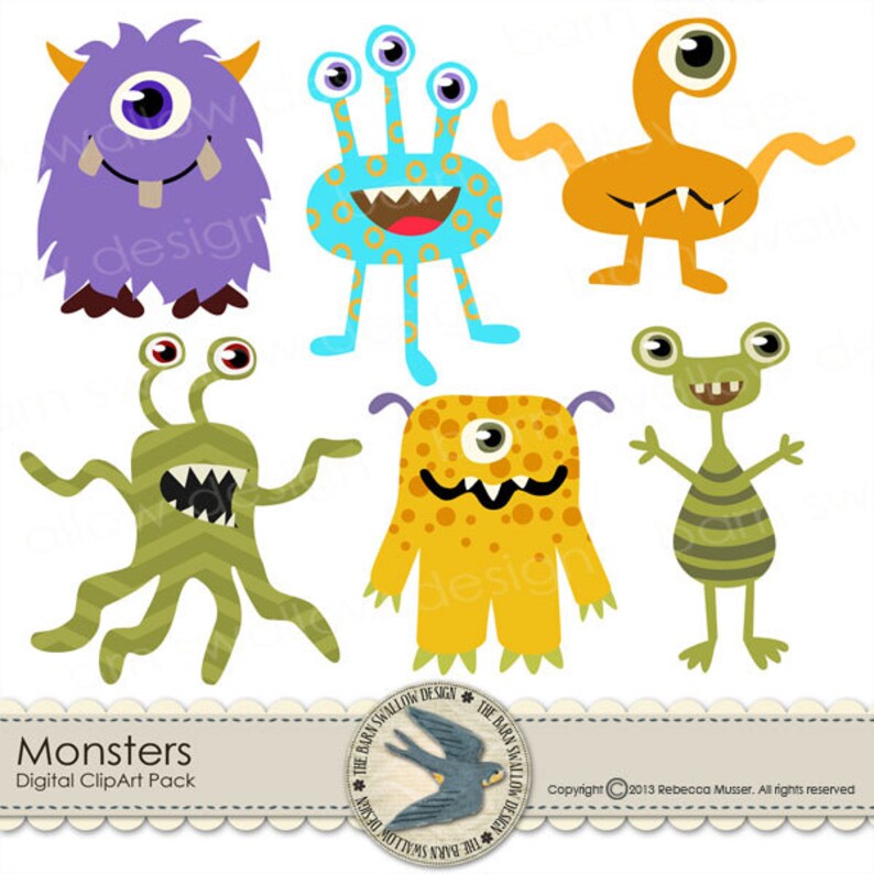 Digital Clip art Pack Instant Download Monsters Great for Boy, kids, Halloween or scary scrapbooks, crafts, cards, invites image 1