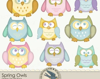Digital Clip art Pack Instant Download - "Spring Owls" - in pastel colors, for scrapbooks, cards, invitations