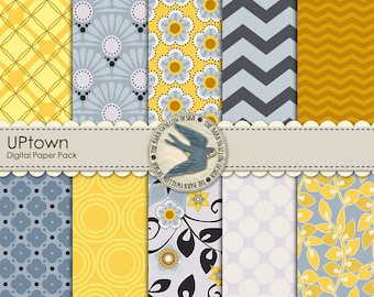 Digital Scrapbook Paper Pack - UPtown - non-textured 10 digital papers 12" x 12"Yellow and Blue Grey pack - Instant Download