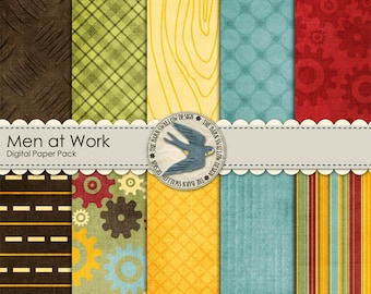 Digital Scrapbook Paper Pack Instant Download for boys, men -  "Men at Work" - 10 digital papers 12" x 12"