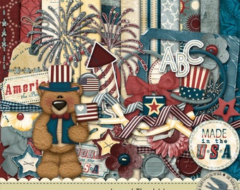 Digital Scrapbook Kit Instant Download - Land That I Love - 12 12" x 12" digi papers 38 digi elements for July 4th, military pages