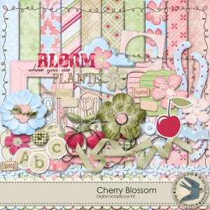Digital Scrapbook Kit - &quot;Cherry Blossom&quot; - Instant Download -10 12&quot; x 12&quot; papers, 38 elements & alpha for spring, girls or everyday