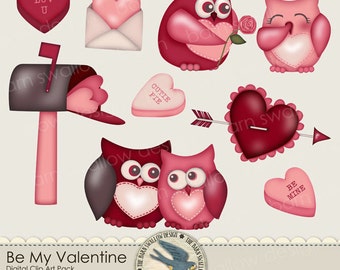 デジタル クリップ アート パック インスタント ダウンロード - Be My Valentine - バレンタインデー、愛、ロマンスに