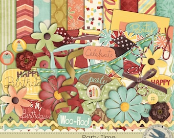Digital Scrapbook Kit Instant Download - Party Time -10 digi 12x12 paper, 53 digi elements, for Birthdays,Scrapbooks,Invites, Cards, Collage