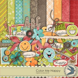 Digital Scrapbook Kit - &quot;Color Me Happy - Instant Download -10 12&quot; x 12&quot; papers, 44  elements & alpha for kids, family or everyday