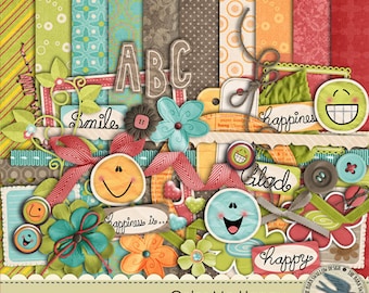 Digital Scrapbook Kit - "Color Me Happy - -10 12" x 12" papers, 44  elements & alpha for kids, family or everyday