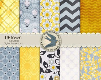 Digital Scrapbook Paper Pack - UPtown -  10 Shabby textured digital papers 12" x 12" Yellow and Blue Grey pack - Instant Download