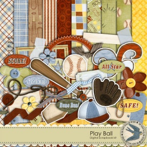 May include: A digital scrapbook kit with a baseball theme. The kit includes various images and graphics, such as a baseball, bat, glove, and a baseball cap. The graphics are in a variety of colors, including red, blue, green, and yellow. The kit also includes text elements, such as "Score!" and "Home Run!"