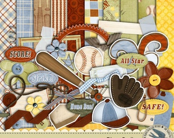 Digital Scrapbook Kit - "Play Ball" - Baseball themed kit - 10 digital 12" x 12" papers and 38 digital elements