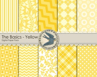 Digital Scrapbook Paper Pack Instant Download - The Basics: Yellow patterned Papers -10 12"x12" for  scrapbooks, cards, invitations