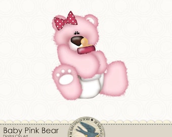 Pink Baby Bear with baby bottle - Digital Clip art for baby girl, cards, scrapbook