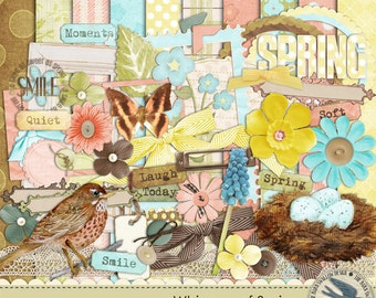 Digital Scrapbook Kit Instant Download - Whispers of Spring - 10 digital 12" x 12" papers and 50 digital elements for Spring
