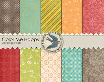 Digital Scrapbook Paper Pack, "Color Me Happy"  Instant Download 10-12" x 12" digital papers for kids, family, everyday scrapbooking , cards