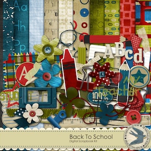 Może przedstawiać: Zestaw do scrapbookingu cyfrowego z motywem powrotu do szkoły. Zestaw zawiera różnorodne kolorowe papiery, ozdoby i elementy, w tym czerwony kredkę, niebieskie ołówki, wzór w kratkę czerwono-białą, wzór w kratkę niebiesko-białą i wzór w kropki zielono-białe. Zestaw zawiera również różne litery alfabetu, w tym A, B, C i D. Zestaw idealnie nadaje się do tworzenia stron do scrapbookingu, kartek i innych prac papierowych.