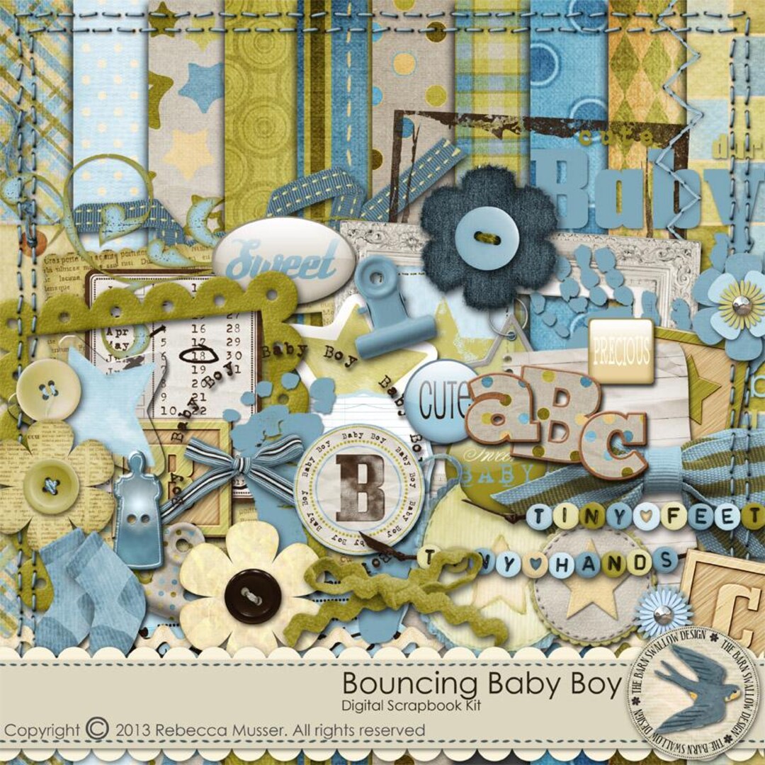Digital Scrapbook Kit - Bouncing Baby Boy - 10 Digi 12"x12" Paper, 54 ...