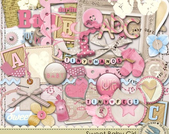Digital Elements Pack Instant Download - "Sweet Baby Girl" - Great for baby girl scrapbooks, cards, invitations, crafts