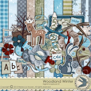May include: A digital scrapbook kit with a woodland winter theme. The kit includes images of a deer, a rabbit, a tree, snowflakes, and other winter-themed elements. The kit also includes text elements such as "Brrr!" and "Snow".