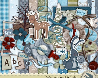 Digital Scrapbook Kit Instant Download - Woodland Winter - 10 digital 12" x 12" paper, 41 digi elements, alpha, for winter scrapbooks, cards