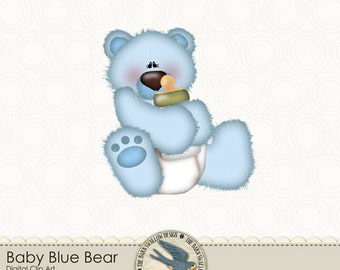 Blue Baby Bear with baby bottle - Digital Clip art for baby boy, cards, scrapbook - Instant Download