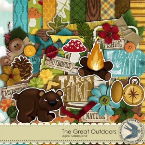 Digital Scrapbook Kit Instant Download - The Great Outdoors - 10 digital 12" x 12" papers and 45 digi elements for camping,hunting,outdoors