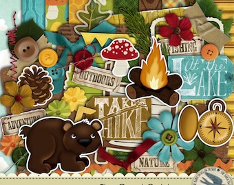Digital Scrapbook Kit Instant Download - The Great Outdoors - 10 digital 12" x 12" papers and 45 digi elements for camping,hunting,outdoors
