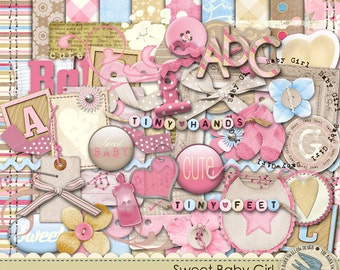 Digital Scrapbook Kit Instant Download - Sweet Baby Girl - 10 digi 12"x12" paper, 52 digi elements,  Alpha, for Baby Girl Scrapbooks, cards