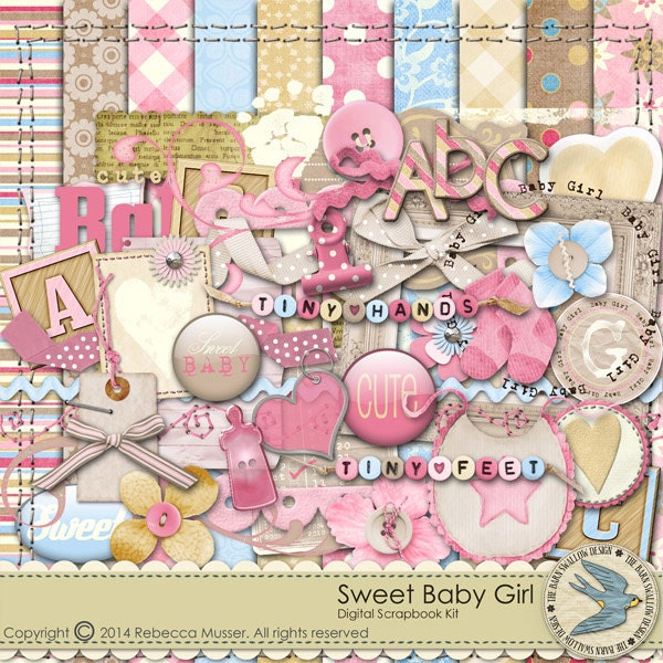 Digital Scrapbook Kit Instant Download - Sweet Baby Girl - 10 digi 12"x12" paper, 52 digi elements,  Alpha, for Baby Girl Scrapbooks, cards