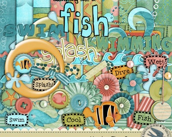 Digital Scrapbook Kit Instant Download - Under The Sea - 10 digital 12" x 12" papers and 48 digital elements for swimming, ocean, beach