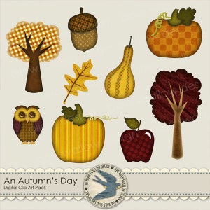 Ein Herbst-Tag - Instant Download Digital ClipArt Pack mit Eule, B&auml;ume, Apfel, K&uuml;rbis, K&uuml;rbis und mehr