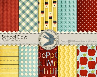 Digital Scrapbook Paper Pack Instant Download - School Days-10 12"x12" Papers for back to school, elementary, kindergarten scrapbooks, cards