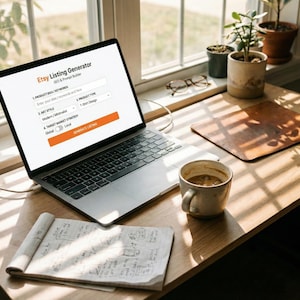 May include: A laptop displaying the Etsy Listing Generator website sits on a wooden desk, next to a cup of coffee and a notepad with sketches. The screen shows fields for product details and an orange "Generate Listing" button.