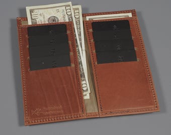 Leather Long Bifold Wallet: 2 Cash Pockets and 8 Card Slots